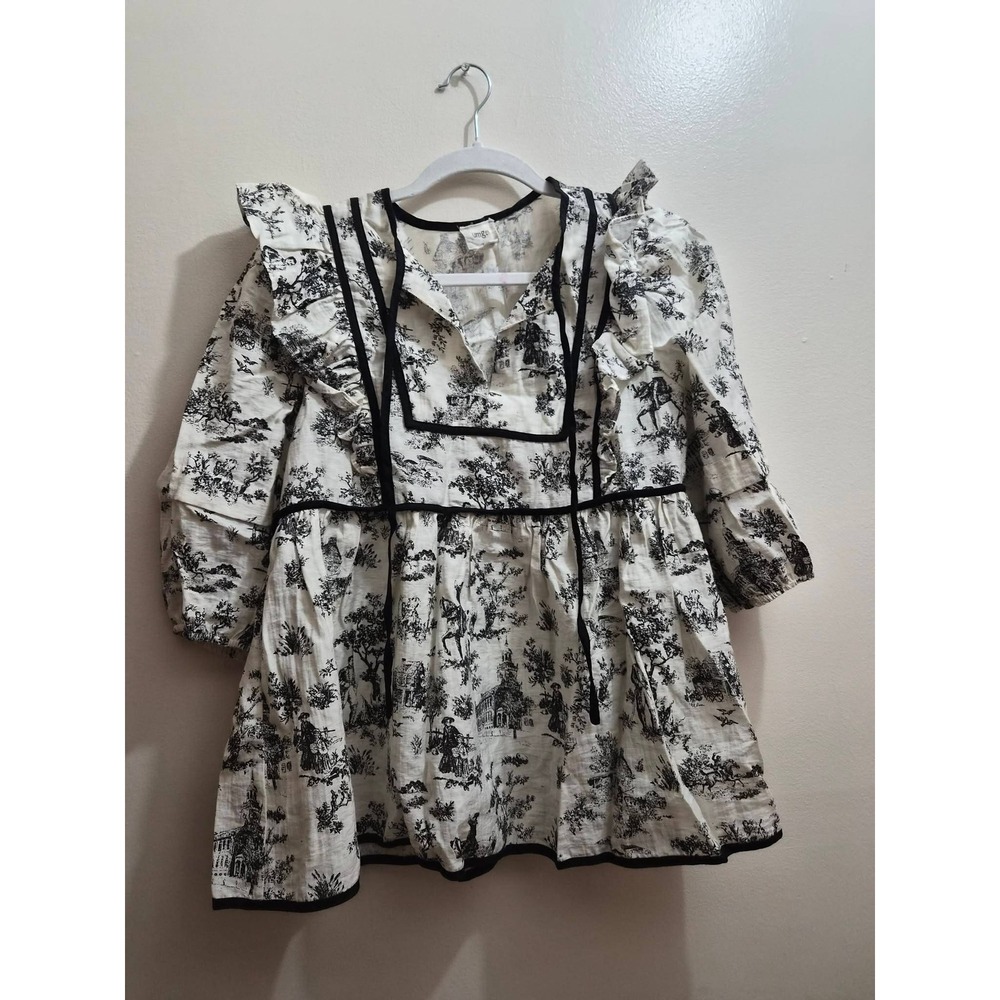 Umgee Toile De Jouy Ruffle Babydoll Top Black Cream Oversized Medium